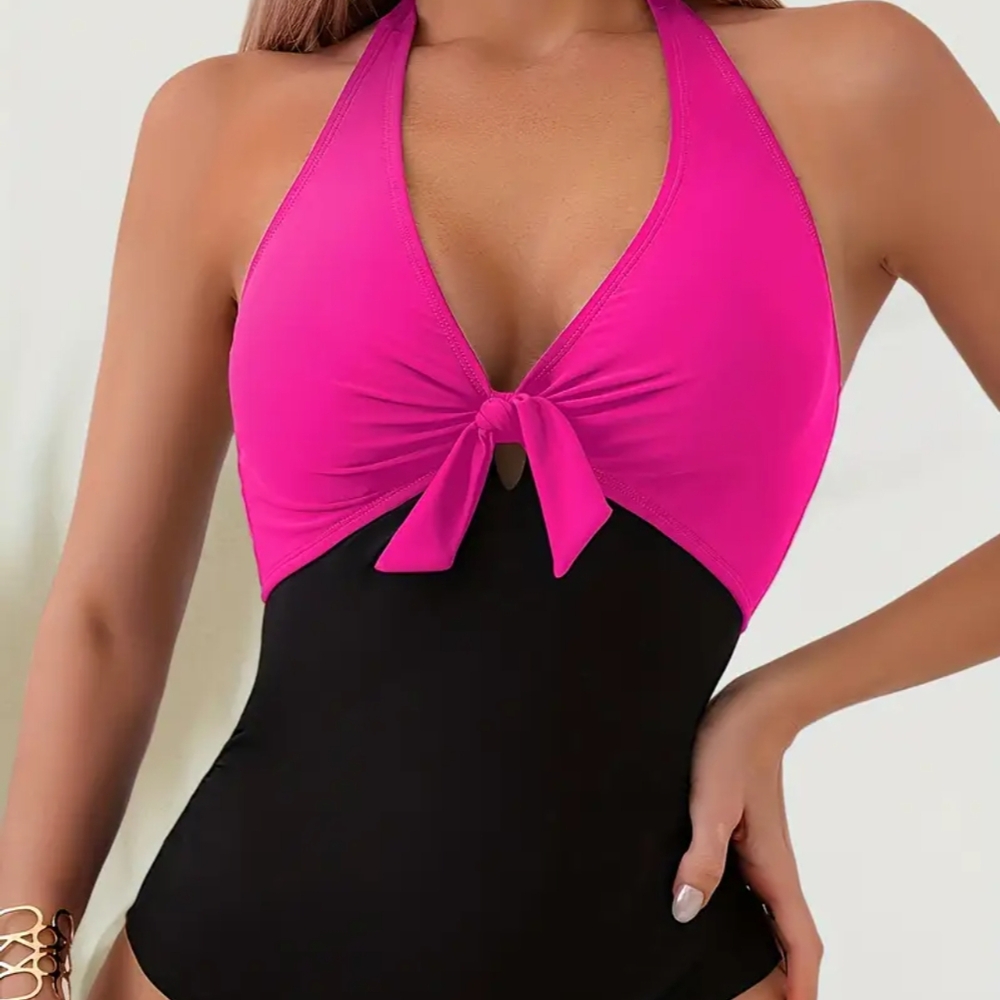 Women's Two-Tone Halter One-Piece Swimsuit - Hot Pink & Black